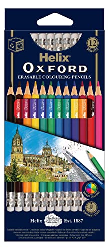 Helix - Helix Oxford Erasable Colouring Pencils - Pack of 12 Vibrant Colours With Strong Erasable Leads - Eraser Tipped Coloured Pencils - -12%