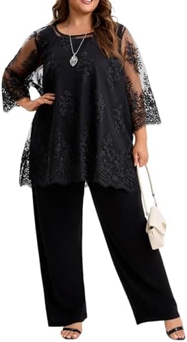 Plus Size Mother of The Bride Pantsuit Outfit Elegant Lace Embroi...