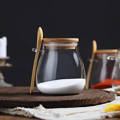 Joeyan 350ml Airtight Glass Storage Jars with Spoons - Set of 3 Condiment Seasoning Spice Canister with - Glass Kitchen Containers for Salt, Sugar, Peper, Coffee, Tea