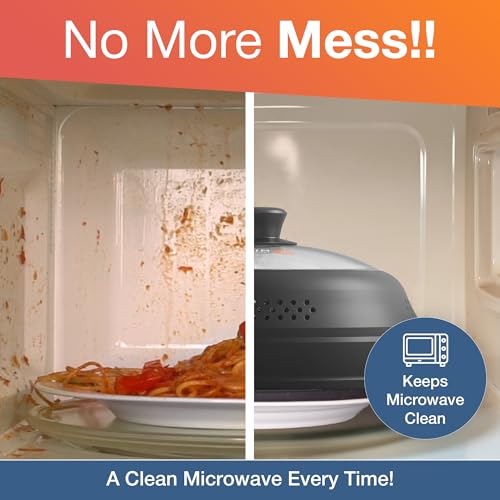 Image of Mikro Innovations Glass & Silicone Microwave Splatter Cover - Tall and Collapsible Design that fits 6-10.5in Plates and Bowls - Space Saving, BPA Free & Dishwasher Safe (1, Black, large)