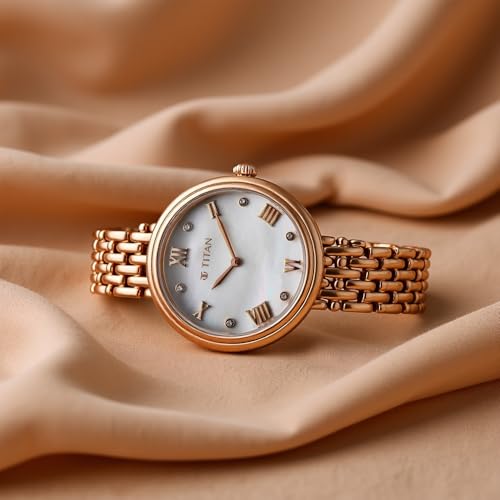 Image of Titan Aura Phase Quartz Analog Mother of Pearl Dial Rose Gold Stainless Steel Strap Watch for Women-95243WM01