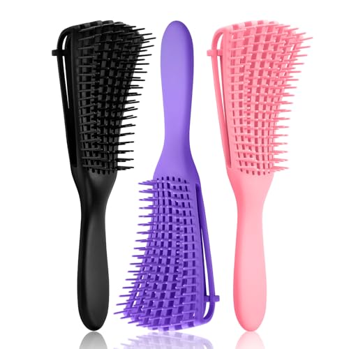 Hommtina Detangling Brush Set Getting Shine and Makes Hair Smooth, Curly Hair Brush for Adult & Kids Wet or Dry Hair (Pink Purple Black + Black, 3 PCS)