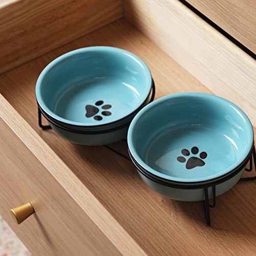 Gdcz Ceramics Raised Cat Small Dog Bowls With Heighten Metal Stand For Pet Food 15 Ounces, Turquoise #TOP3