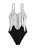 Floerns Women's One Piece Swimsuit Fringe Trim High Waist Sequin Monokini Black S