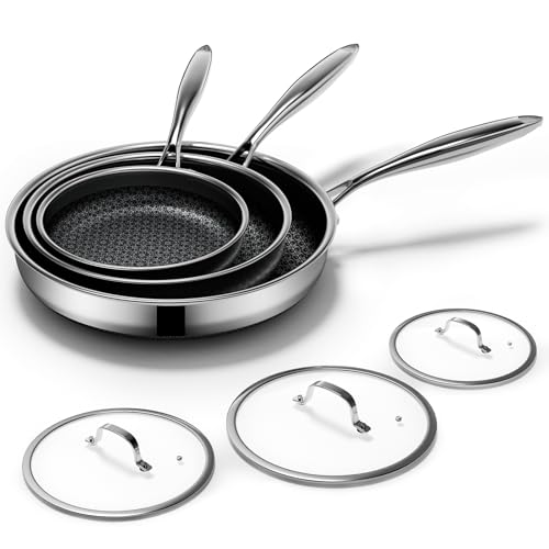 KURRUNGIE Juego de sartenes antiadherentes con 3 tapas, juego de sartenes híbridas antiadherentes (8+10+12 pulgadas), sartén para cocinar, juego de cocina sin PFOA, apto para lavavajillas y horno