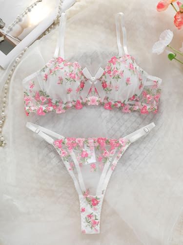 Image of Sexy Floral Embroidered Flower Mesh Underwire Push Up Lingerie Set