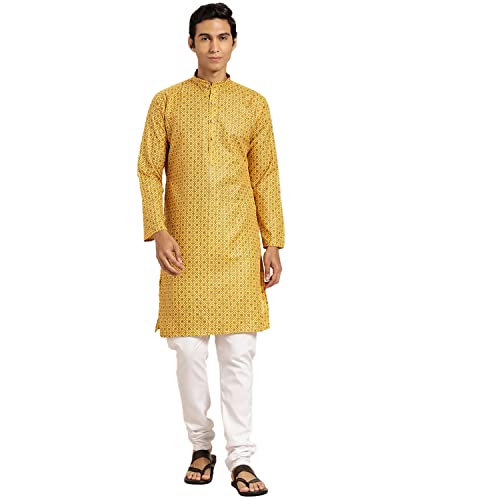 Image of SOJANYA, Men's Cotton Linen Blue Foil Printed Kurta and White Pyjama Set