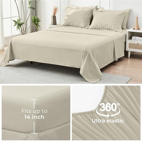 Image of HYMOKEGE Light Linen Full Size Comforter Sets Seersucker 7 Pieces, All Season Luxury Bed in a Bag for Bedroom, Bedding Set with Comforter, Sheets, Pillowcases & Shams