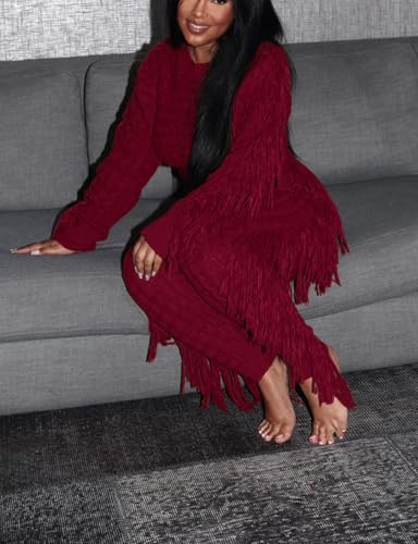 Image of KANSOON 2 Piece Sweater Set for Women Cable Knit Fringe Crop Top and Pants | Cozy feel, ribbed high waist, comfortable stretch fit for birthday and chilly going-out outfits