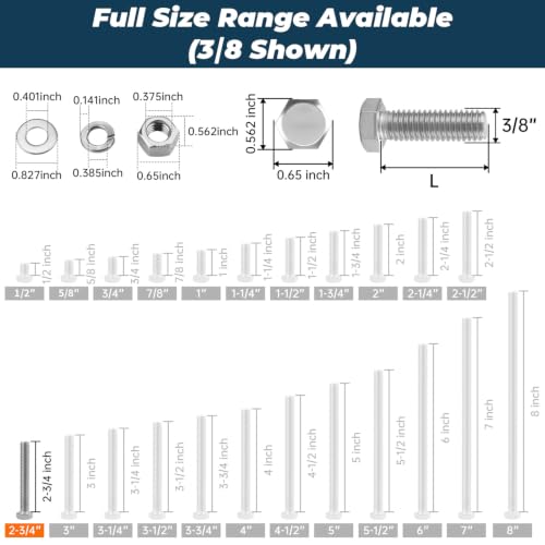 Image of 6 Sets Glvaner 3 /8-16 x 2-3 /4 inch Stainless Steel Hex Head Screws Bolts, Nuts, Flat & Lock Washers, 18-8 (304) Stainless Steel, Full Thread, Coarse Thread