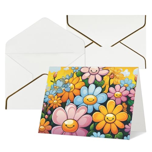 QMNSEHF 封筒付きブランクグリーティングカード Thank YouCard カートゥーン かわいい花 Happy Birthdayカード 女性用 男性用 クリスマス ハロウィン ウェディング ブランク ノートカード あらゆる機会のグリーティングカード