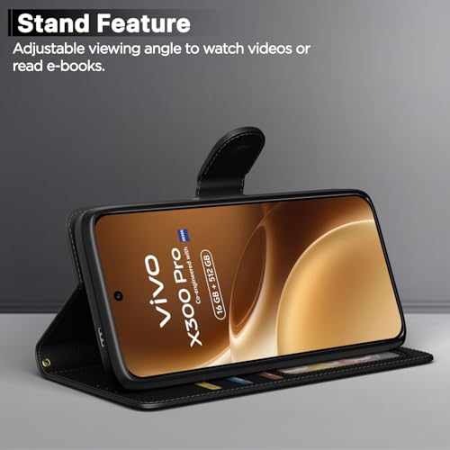 Image of Amazon Basics Flip Cover for Vivo X300 Pro 5G Leather Finish | Wallet Stand and Shock Proof | Inside TPU with Card Pockets | Complete Protection Flip Case (Black)