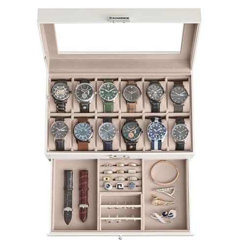 SONGMICS Watch Box, 12-Slot Watch Case Organizer with Large Glass Lid, 2 Layers, Removable Pillows, Metal Lock, Cloud White Synthetic Leather, Christmas Gift, Cappuccino Beige Lining UJWB012