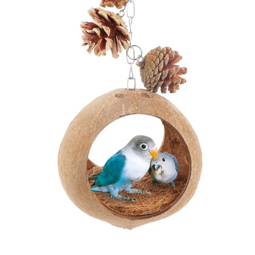 Image of VTurboWay Natural Coconut Shell Bird Nest with Coconut Fiber Mat Breeding Nesting Anti-Pecking Bite for Small Bird Parrot Cockatiel Conure Lovebird Canary Finch