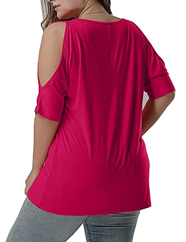 Allegrace Women Plus Size Tops V Neck Short Sleeve Batwing Top Cold Shoulder T Shirt Rose Red 4X #TOP3