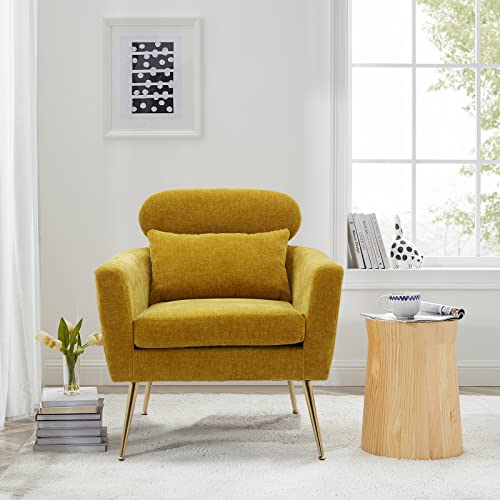 Mikibama Mid Century Modern Accent Chair Upholstered Reading Chair Sofa Chair With Metal Legs And Throw Pillow Side Chair For Living Room Bedroom Dorm Room Office (Mustard, Chenille) #TOP6