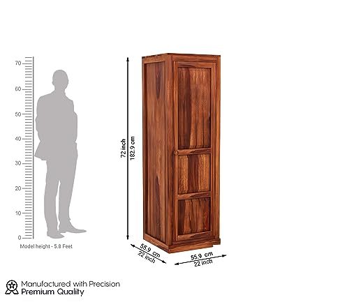 Image of Sheesham Wood Wooden Single Door Wardrobe Organizer for Clothes | - Solid Wood Almirah with 2 Drawers, 2 Shelves with Hanging Space - Cupboard for Large Bedroom (Design 3)