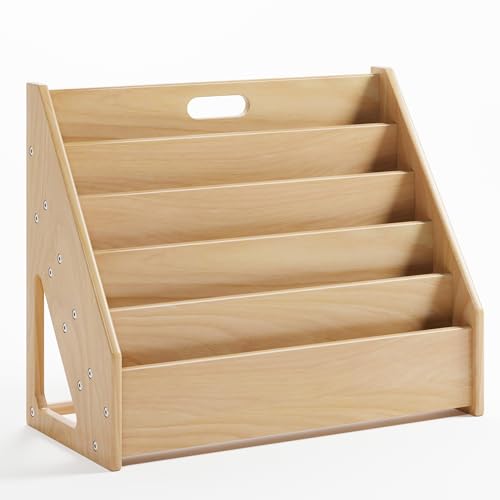 Image of Front-Facing Montessori Bookshelf,5 Tier Book Display Shelf for Toddler,Kids Storage Magazine Rack,Solid Wood Bookcase Organizer,Perfect for Playroom,Bedroom,Study Living Room,Nursery,Classroom