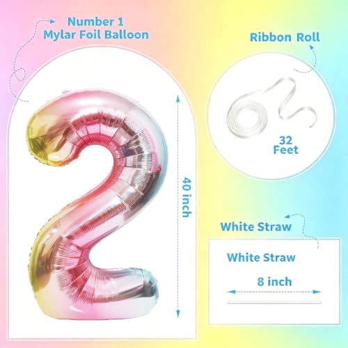 Image of Rainbow Number Balloons Birthday Balloons - Giant Number 2 Balloon 40 inch, Numbers Balloon Birthday Decorations, Rainbow Party Supplies for Baby Shower