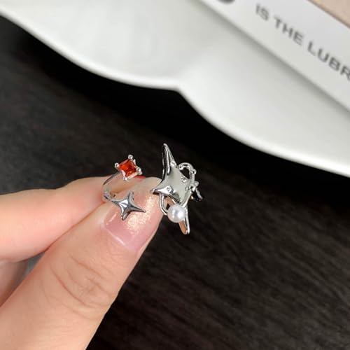 W Weilirian Boho Pearl Northstar Ring For Women Crystal Star Knuckle Ring Sparkly Ruby Stacking Ring Silver Star Finger Ring Lucky Star Open Ring Dainty Adjustable Ring Jewelry For Girls Gifts thumb #2