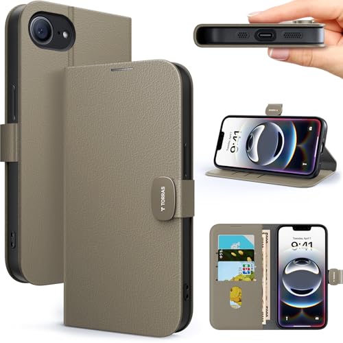 TORRAS iPhone 16e ケース 手帳型【3 枚カード収納・ 米軍規格保護】 スタンド機能 薄型 衝?吸収 指紋防止 黄変防止 レンズ保護 スマホケース 携帯ケース あいふおん 16e対応 Folio カーキグレー