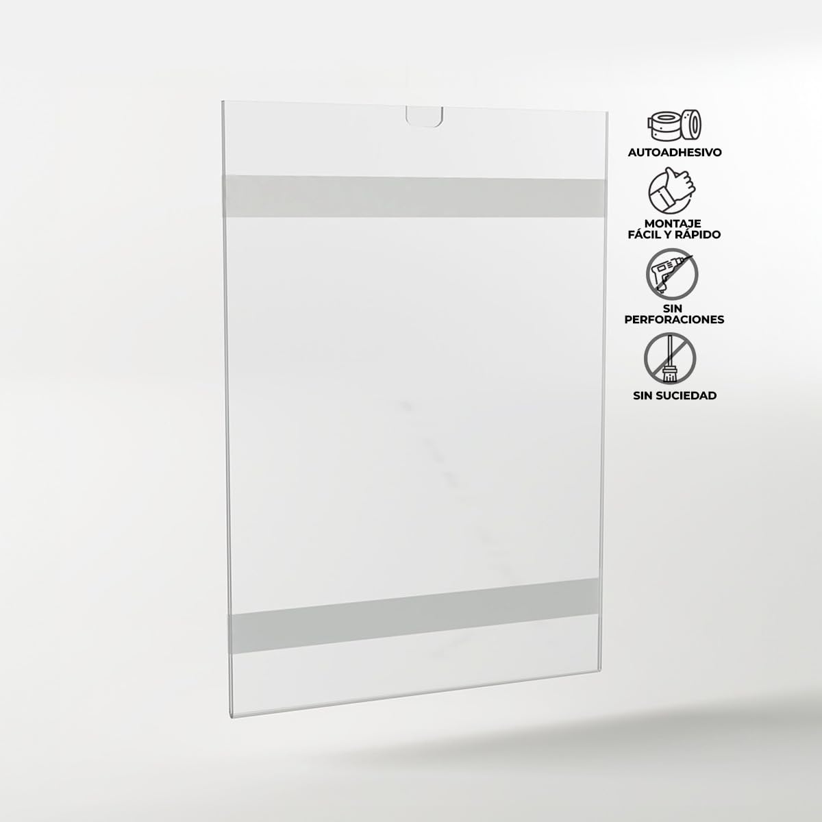 Funda de Metacrilato A4 Vertical con Bi-Adhesivo – Soporte de Pared Transparente para Información, Promociones, Listas de Precios y Carteles