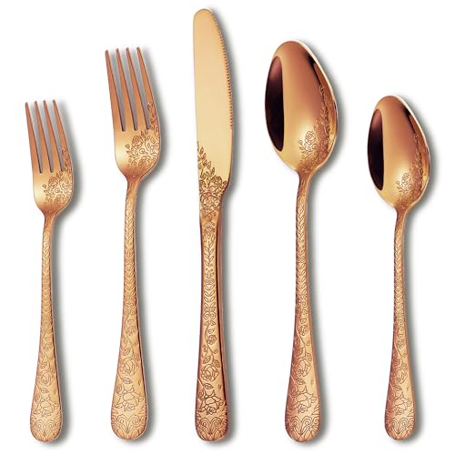 Runfly Modern Carved Floral Rose Gold Stainless Steel 20-Piece Flatware Set by Runfly - Used condition - US$25.89