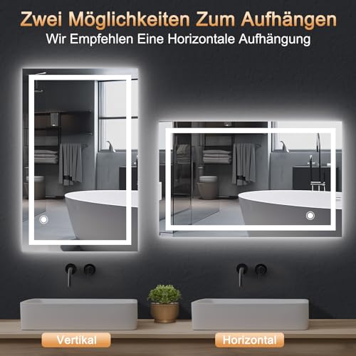 Trintion LED Badspiegel mit Beleuchtung Badezimmer Wandspiegel Badezimmerspiegel Anti-Beschlag mit Touch-Schalter Energiesparend Lichtspiegel (70x50cm Mit Touch-Schalter) 4
