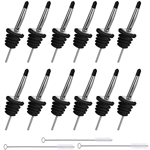 TIARH Flaschenausgießer, 12 Spirituosen-/Öl-/Essig Ausgießer für Flaschen, mit Luftröhrchen, Metall/rostfreier Edelstahl - ideal für Cocktails, Partys, Shots und Bars- Silber(Mit 3 Reinigungsbürsten) Cover