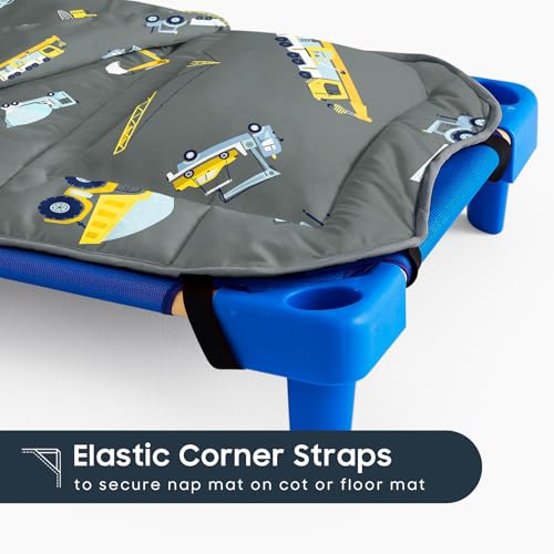 Image of Wake In Cloud - Cot Nap Mat with Pillow and Blanket, 100% Cotton Fabric, for Toddler Kids Boys Ages 3 Plus in Daycare Kindergarten Preschool with Elastic Corner Straps, Cars Cranes Trucks