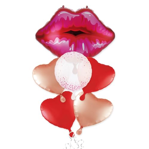 Image of Huge 30inch Red Lip Foil Balloons Set 6 Pieces, Red Hearts and Lips For Make Up Themed Party Bachelorette & Anniversary Decorations