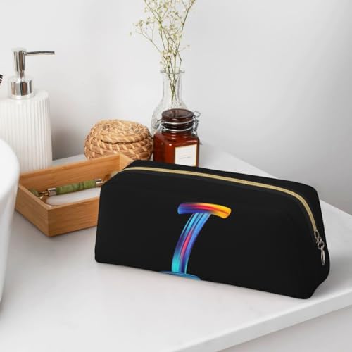 Image of Cute Initial Pencil Case for Kids Simple Leather Pencil Pouch for Boys Girls Letter Design Pencil Box Pen Bag Pencil Pouch Office Stationery Organizer, Rainbow Letter I