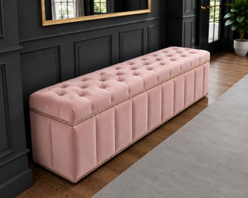 Image of Tufted Velvet Storage Ottoman Bench with Nailhead Trim (Blush pink) | Storage Ottoman bench