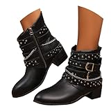 Womens Motorcycle Ankle Boots Faux Leather Side Zipper Vintage Western Cowboy Boots Low Chunky Heel Fall Booties Shoes Pointed Toe Studded Gothic Ankle Booties Fashion 𝐁uckles Riding Boots (7)