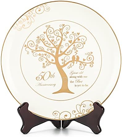 Urllinz 50th Anniversary Plates with 24k Gold Foil-50th Anniversary Wedding Gifts for Couples Parents,Valentine's Day Gifts, 50 Year Golden Wedding Gifts,Porcelain Plate for Her Him with Stand 9 Inch