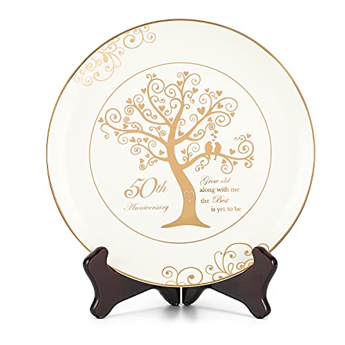 Urllinz 50th Anniversary Plates with 24k Gold Foil - 50 Year Wedding Gifts for Parents Couples, Valentine's Day Golden Gift, Porcelain with Stand 9 Inch