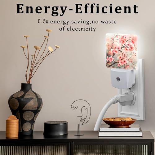 Image of Cherry Blossom Tree Night Light Plug into Wall,Pink Watercolor Cherry Blossom Flowers Dusk to Dawn Night Light Plug in,0.5w Energy Saving NightLight for Kids Boys Girls Home Decor