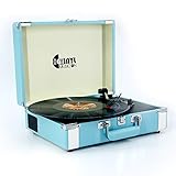 Tocadiscos de vinilo con 3 velocidades de VINYL MUSIC ON en forma de maleta con altavoces, tocadiscos, grabador portátil con salida RCA(azul)