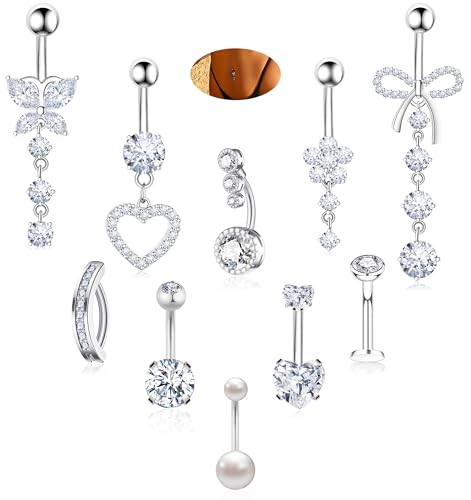 BSJ4U 10 Pcs Silver Belly Button Ring Dangle Hypoallergenic Surgical Stainless Steel Belly Rings for Women CZ Floating Clicker Heart Pearl Bow Flower Butterfly Navel Piercing Jewelry Dangly Navel Ring
