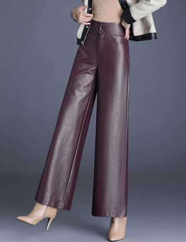 Faux Leather Pants for Women Trendy High Waist Wide Leg Baggy Straight Leg PU Leather Pants2