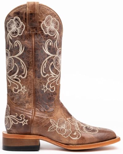 Shyanne Women's Lasy Floral Embroidered Western Boot Broad Square Toe Brown 10 M US2