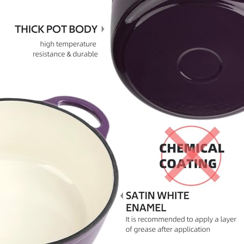 Image of Dutch Oven Enameled Cast Iron with Lid - Big Dual Handles - Oven Safe up to 500F - Classic Round Pot for Versatile Cooking (Purple, 3 QT)