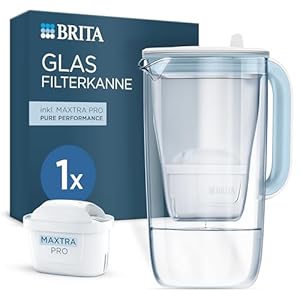 BRITA Wasserfilter Kanne Glas hellblau (2, 5l) inkl. 1 MAXTRA PRO Pure Performance Kartusche – Premium Kanne aus Glas mit Smart Light LED & Klappdeckel – filtert Verunreinigungen, Kalk, Metalle etc.