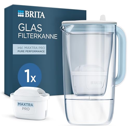 BRITA Wasserfilter Kanne Glas hellblau (2,5l) inkl. 1 MAXTRA PRO Pure Performance Kartusche – Premium Kanne aus Glas mit Smart Light LED & Klappdeckel – filtert Verunreinigungen, Kalk, Metalle etc.