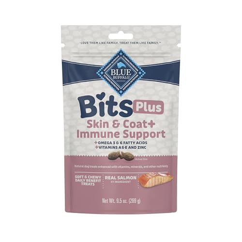 Blue Buffalo Blue Bits Plus Skin & Coat and Immune Support Daily Benefit Dog Treats, Soft & Chewy Salmon Morsels, 9.5-oz. Bag