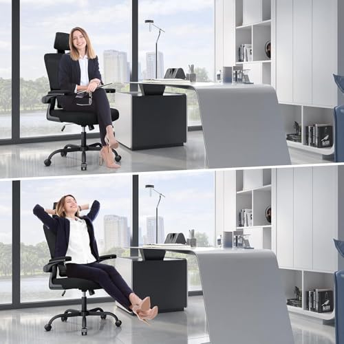 naspaluro Bürostuhl Ergonomischer, Schreibtischstuhl mit Hochklappbaren Armlehnen, Dynamischer Lordosenstütze, Höhenverstellbarer Bürostuhl mit 120° Wippfunktion, Upgrade Schwarz