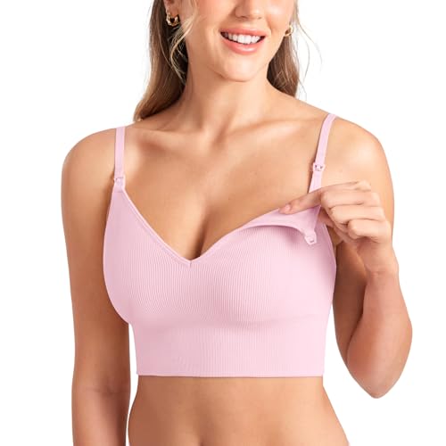 Image of MOMANDA Ribbed Nursing Sleep Bra for Breastfeeding Longline Maternity Bralettes V Neck Comfort