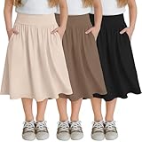 Xaatren 3 Pack Girls' Knee Length Skirts 5-14 Years Teen Midi Pockets High Waist Kids Casual Flowy Swing A Line Summer Skirts(9-10 Years,Apricot, Khaki, Black)