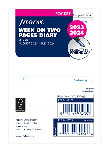 Filofax Pocket Week on Two Pages Mid Year Diary August 23 - July 24, White