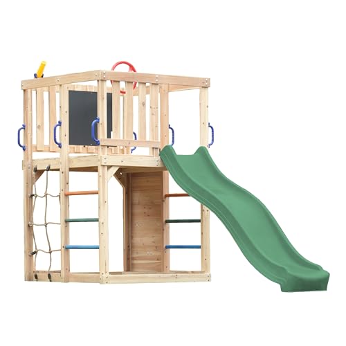 AXI Sam Klettergerüst aus Holz in Braun mit Rutsche in Grün | Spielturm/Spielplatz für Kinder mit Kletterwand, Kletternetz & Hangelstangen | Inklusive Zubehör | Spielgerät für den Garten